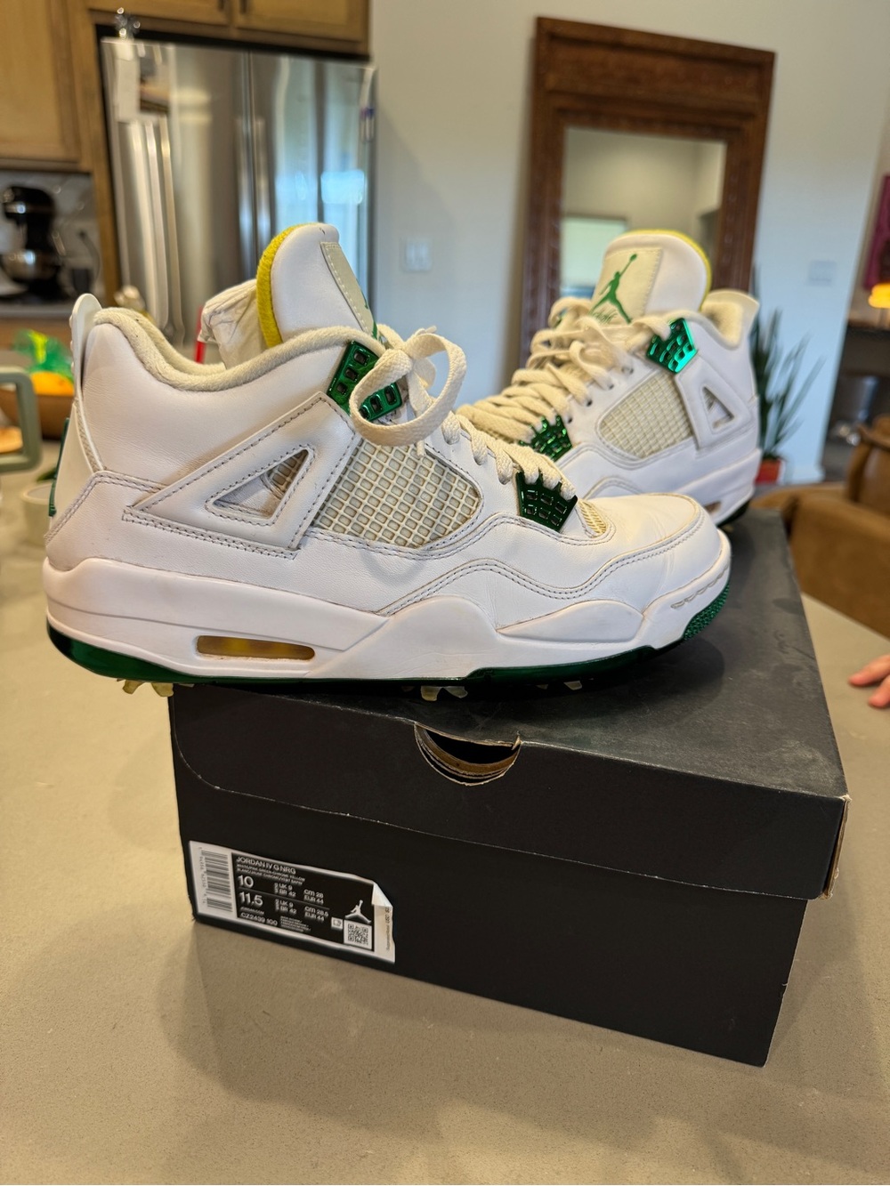 Jordan White and Green Retro Athletic Sneakers